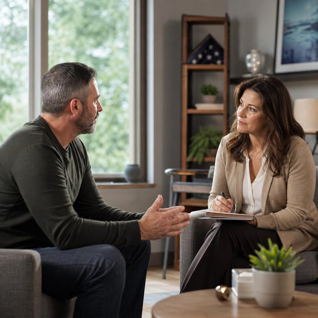 A veteran meeting with a counselor at Present Moments Recovery
